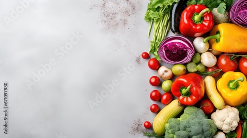  a variety of fresh vegetables laid out on a white surface. generative ai