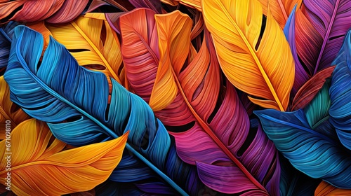  colorful feathers are arranged in a pattern on a black background.  generative ai