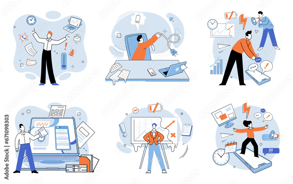 Busy employee vector illustration. The workaholic employee is always focused on completing tasks The corporate world can be stressful and demanding environment for employees The deadline for project