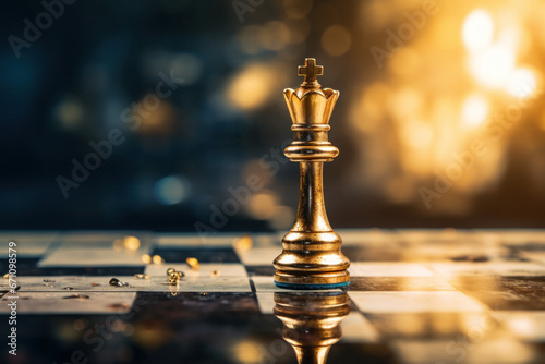Winner Chess king surrounded with gold chess pieces on a chessboard game competition with copy space on dark background. photo