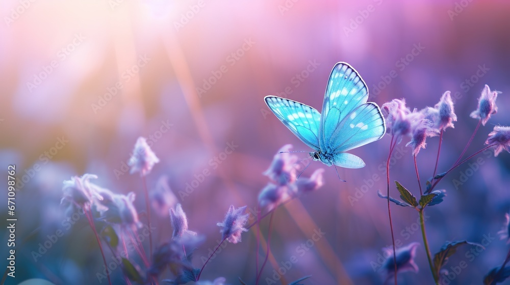 Fototapeta premium a blue butterfly sitting on a flower in a field of purple flowers. generative ai