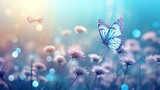  a blue butterfly flying over a field of white dandelions.  generative ai