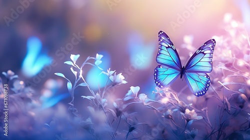  a blue butterfly flying over a field of purple and white flowers. generative ai