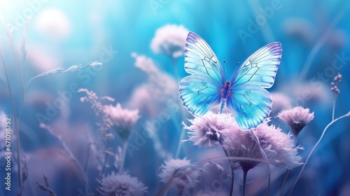 a blue butterfly sitting on top of a purple flower in a field. generative ai
