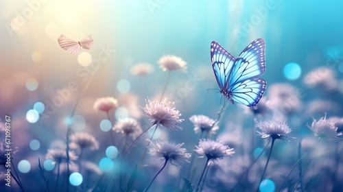  a blue butterfly flying over a field of white dandelions.  generative ai © Shanti