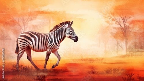  a painting of a zebra walking in a field with trees in the background.  generative ai