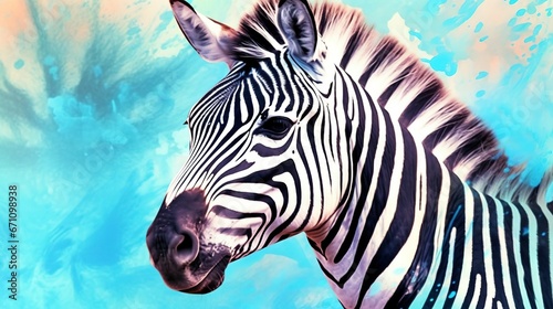 a close up of a zebra with a blue sky in the background.  generative ai