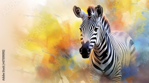  a zebra standing in front of a painting of a tree.  generative ai