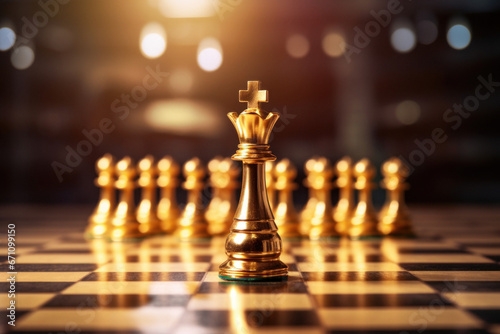 Winner Chess king surrounded with gold chess pieces on a chessboard game competition with copy space on dark background.