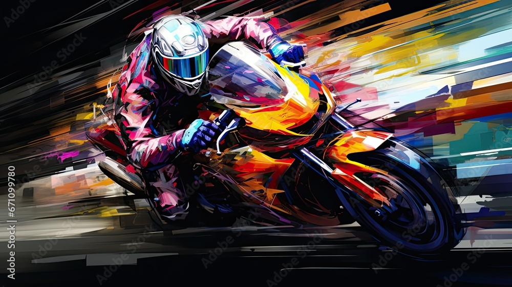 Illustration of a  Motorcycle rider riding on the road with Colorful  watercolor paint splashes.