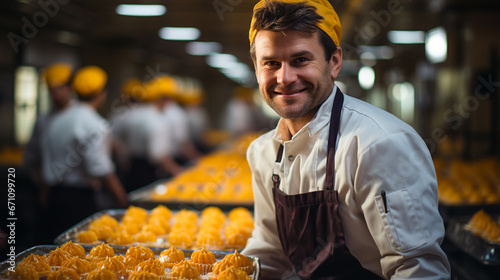Pastry chef working in a pastry shop with his co-workers. Baker making pastry cream cones in the industrial kitchen of a pastry shop. Sweet food company worker. Pastry industry. Happy man working.