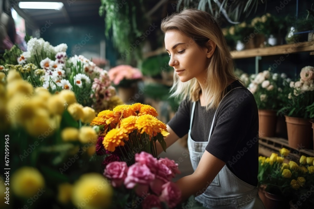 portrait of a young florist working inside her nursery