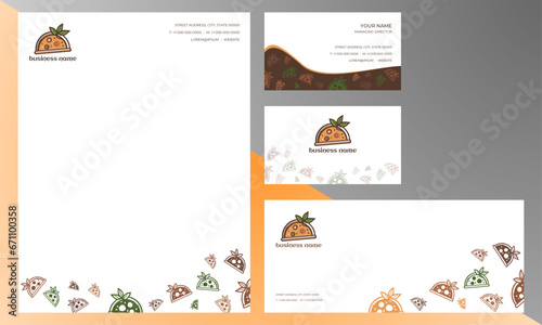 set of stationery with pizza logo and restaurant