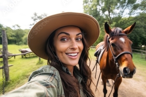 selfie, woman and horseback riding at a farm for adventure, freedom or fun in summer