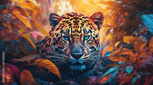  a large leopard with blue eyes sitting in the leaves of a tree in a forest of trees and bushes  with the sun shining on its face.  generative ai