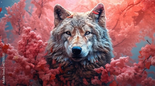  a painting of a wolf in a field of red flowers with a blue sky in the background and a red sky in the foreground.  generative ai