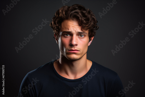 Upset and hopeless young man with European appearance on black isolated background