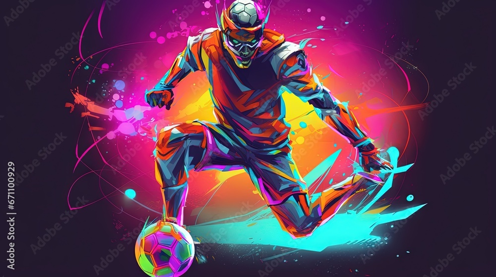 a soccer player is kicking a soccer ball in a colorful graphic style with a splash of paint on the side of his body and his body. generative ai a soccer player is kicking a soccer ball in a colorful graphic style with a splash of paint on the side of his body and his body. generative ai