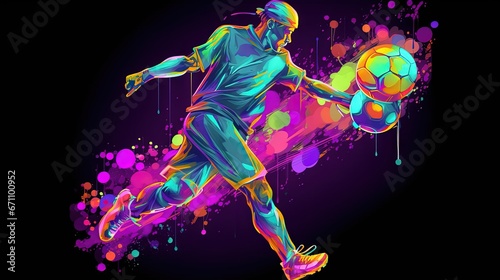  a man kicking a soccer ball on top of a purple and pink background with splatters of paint on it and a splash of paint.  generative ai © Shanti