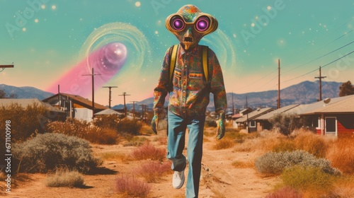 As the alien-masked figure strolled down the dusty path, the looming ufo in the sky seemed to cast a monstrous shadow over the desert landscape, its colorful cartoon-like appearance blending seamless photo