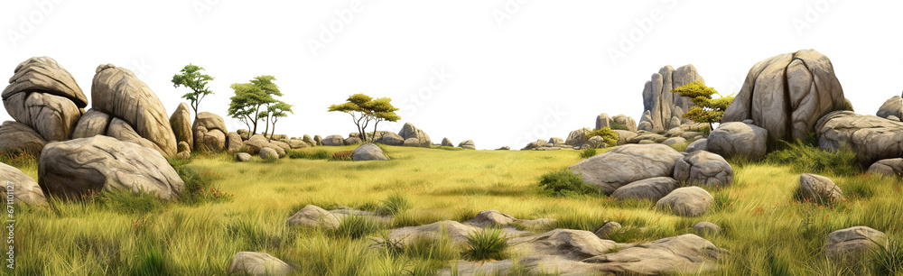 Savanna with faded grass and rocks, cut out - obrazy, fototapety, plakaty 