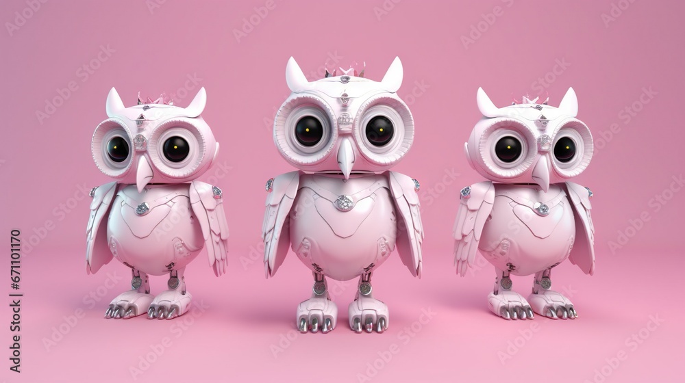 three pink owls with big eyes and horns on their heads are standing in a row on a pink background with a pink background behind them. generative ai three pink owls with big eyes and horns on their heads are standing in a row on a pink background with a pink background behind them. generative ai