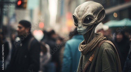 An extraterrestrial man wearing a skull mask and alien clothing roams the streets, his ufo looming overhead as he embodies both fear and fascination photo
