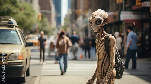A monstrous extraterrestrial walking down a busy city street, its otherworldly garment flowing behind it as it passes by vehicles and buildings, its alien eyes scanning the bustling scene photo