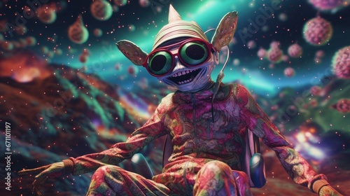 A quirky alien cartoon character rocks stylish sunglasses as they journey through the unknown world of ufos and extraterrestrial monsters in this wild and imaginative anime-inspired animation #671101197