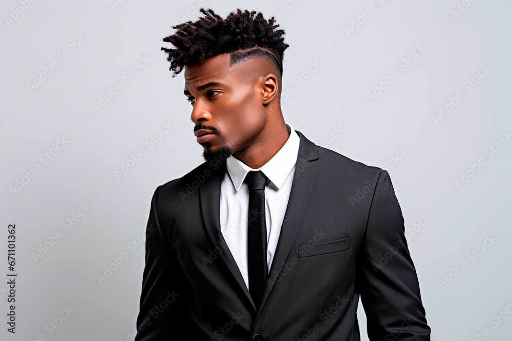 Fototapeta premium Successful young man in classic suit with African appearance on white isolated background