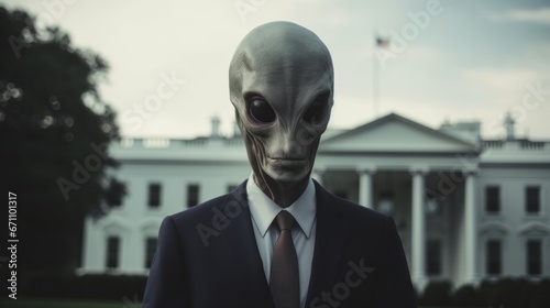 As the man in a suit and tie stood beneath the sky, a monstrous alien emerged from a ufo, towering over a statue of an extraterrestrial being, creating an outdoor scene that defied all logic and left