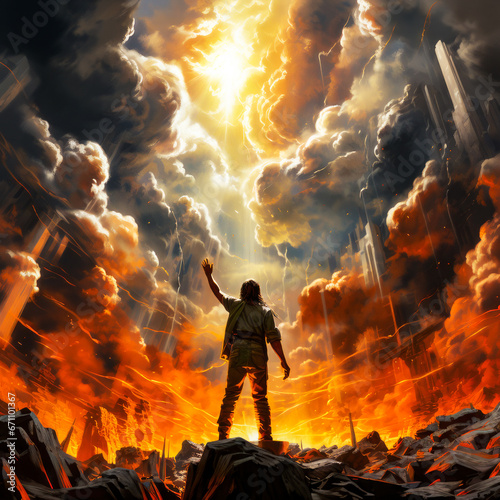 A Glimmer of Hope - A lone figure stands amidst a fiery post-apocalyptic landscape, the surroundings are filled with charred ruins and floating shards, suggesting a recent catastrophe. photo