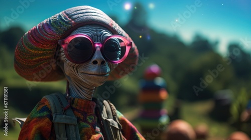 An extraterrestrial creature wearing pink sunglasses and a hat gazes at the festival goers below, its otherworldly appearance only accentuated by the vibrant outdoor setting and its fashionable acces