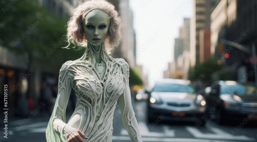 A fierce alien woman, clad in otherworldly fashion, stands among the chaotic city streets, her gaze fixed on the looming ufo hovering above, a monstrous reminder of the unknown and the power of the u A fierce alien woman, clad in otherworldly fashion, stands among the chaotic city streets, her gaze fixed on the looming ufo hovering above, a monstrous reminder of the unknown and the power of the u