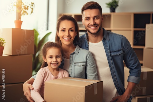 Happy family, parents and daughter, in their new home, surrounded by boxes symbolizing the move.