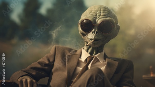 An extraterrestrial monster sporting sunglasses and a sharp suit exudes a nonchalant coolness as it takes a drag from its cigarette, standing outdoors with a skull mask and a screenshot of its alien  photo