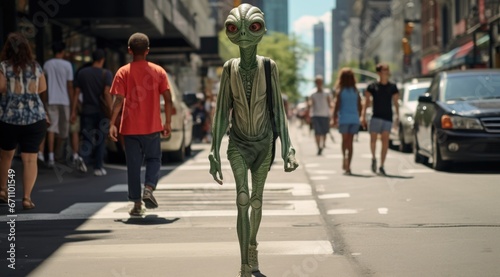 A curious alien man in a striking garment walks the busy city streets, his unusual footwear catching the attention of passing pedestrians as he heads towards a mysterious ufo-like vehicle parked outs