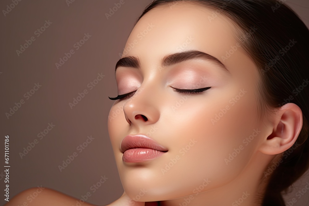 Close-up portrait of a beautiful female model with perfect skin, makeup and glossy lips. Close-up portrait of a beautiful female model with perfect skin, makeup and glossy lips.