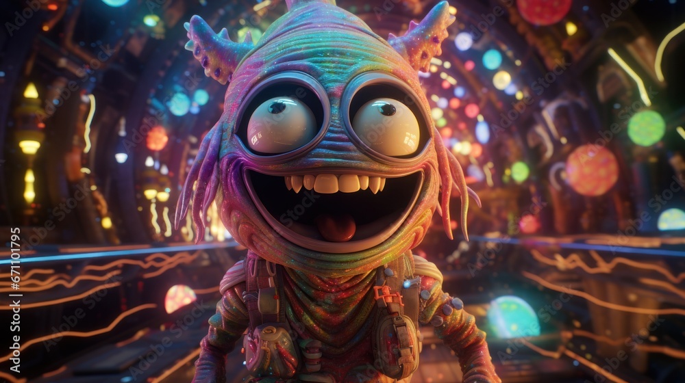 An otherworldly adventure awaits as a playful cartoon alien dons a space suit and explores the great unknown, encountering curious ufos, extraterrestrial monsters, and glowing outdoor lights along th