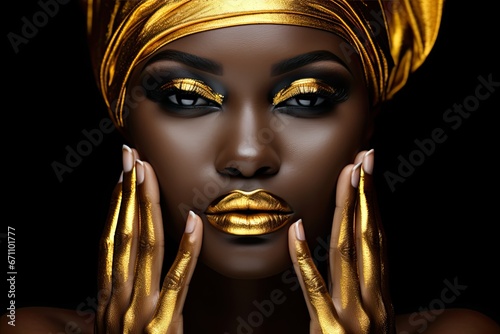 Portrait of a beautiful black woman with elegant fashion, golden makeup and stunning jewelry.