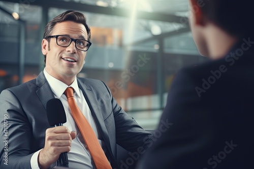 Confident businessman in a modern office with a microphone in his hands holding a successful meeting and discussing a project.