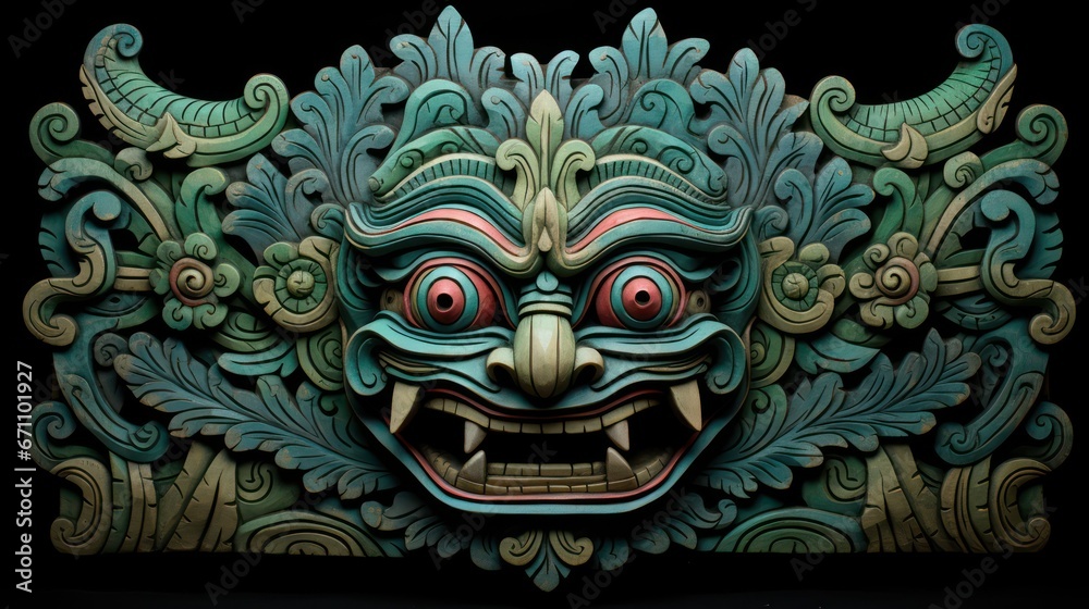 Naklejka premium Traditional wood carving art is detailed and has high historical value. Sculpture statue wood carving culture