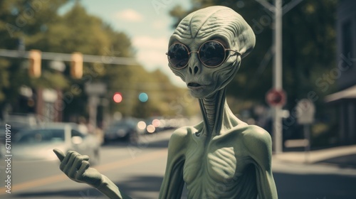 A mysterious extraterrestrial donning sunglasses strikes a pose on the bustling city street, its otherworldly presence both artful and monstrous