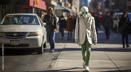 A mysterious figure donning an otherworldly mask roams the busy city streets, evoking a sense of curiosity and fear as they pass by a bustling ufo and monstrous vehicles, their jacket billowing in th
