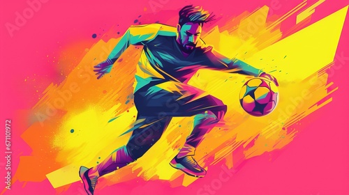  a man kicking a soccer ball on top of a pink and yellow background with a splash of paint on the bottom of the image and bottom half of the ball. generative ai