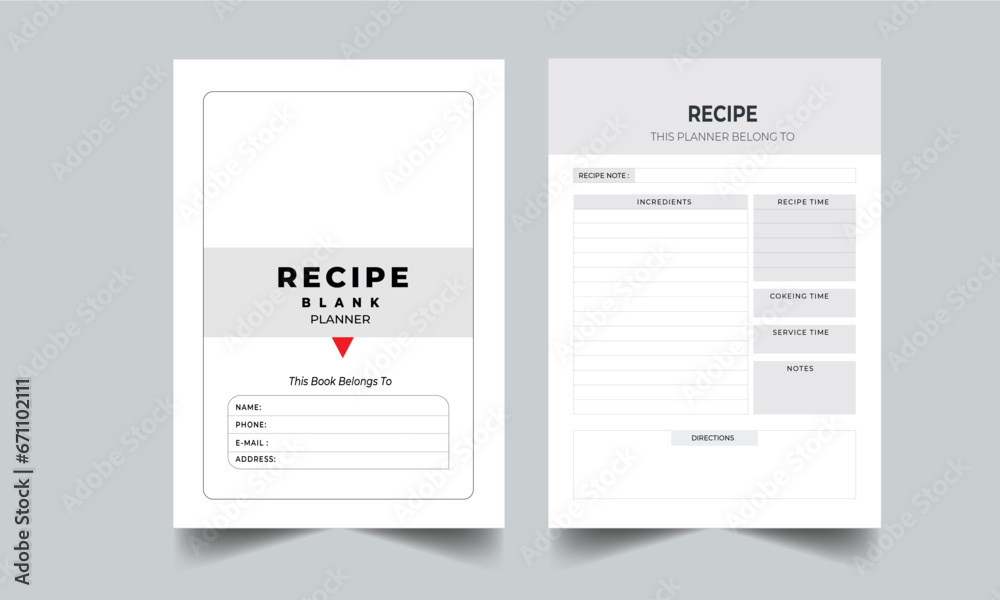 Recipe Blank Page Collection of recipe card with cover page design templates. Printable recipe card template. Recipe planner template