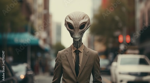 A sophisticated alien donning a suit and tie navigates the bustling city streets in their ufo, passing by towering buildings and statues as they blend in with the chaotic flow of cars and people, con photo