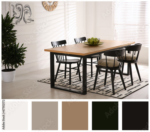 Stylish dining room with furniture. Color palette matching to this interior design