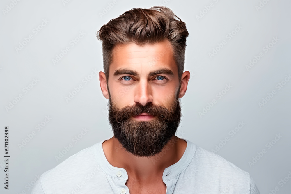 Fototapeta premium Brutal bearded man with pleasant look with European appearance on white isolated background. 