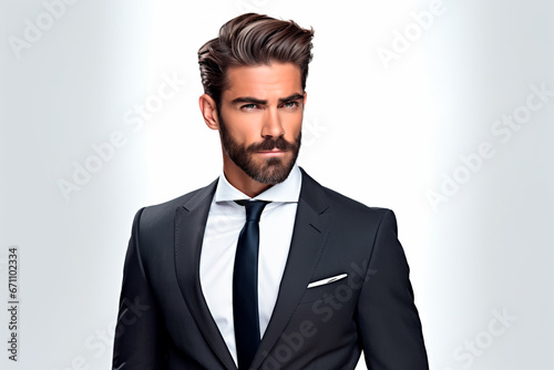 Successful young man in classic suit with European appearance on white isolated background